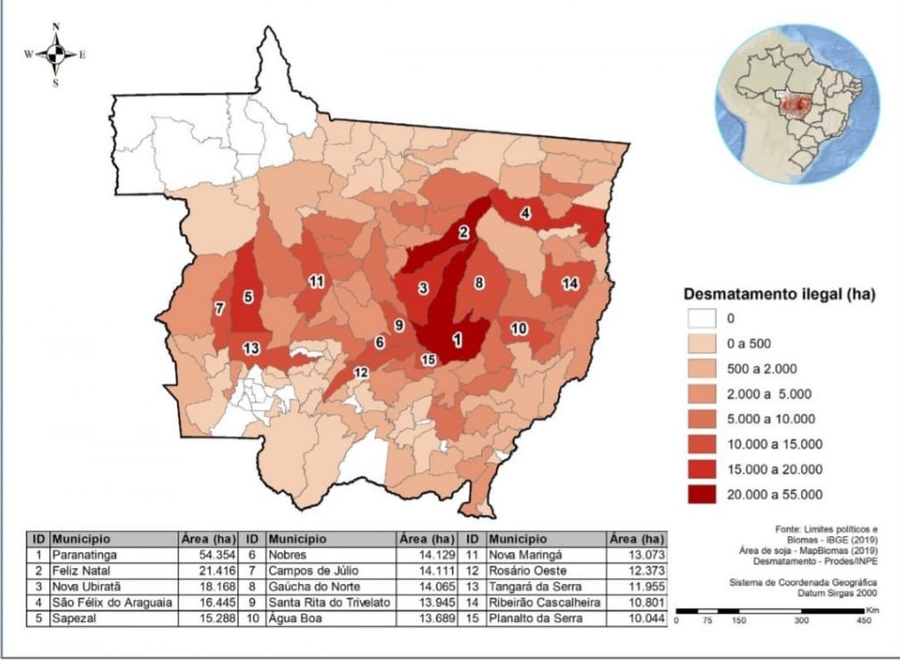 Em 11 anos, 92% do desmatamento em fazendas de soja de MT foi ilegal, diz estudo