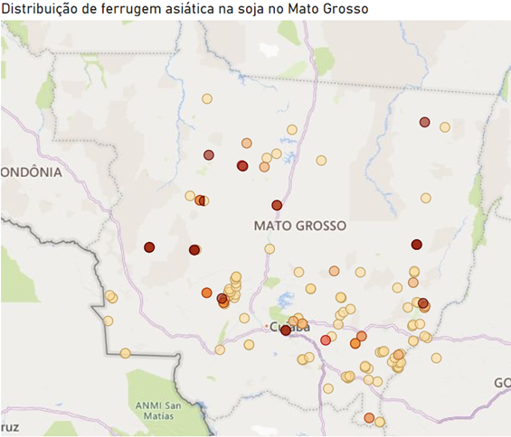 Mapa da dispersão da ferrugem asiática está disponível no site do Indea